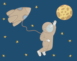 Cosmonaut in open space. The rocket, moon, spacesuit vector.