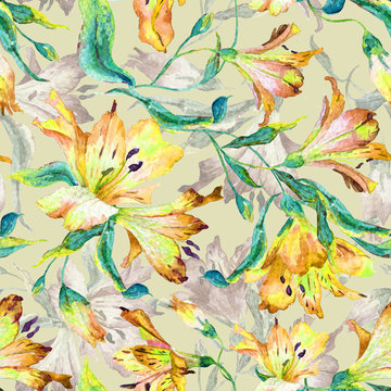 Seamless pattern with yellow  lilies. Watercolor flowers. Spring and summer motifs. Can be used for wrapping paper and any your design.