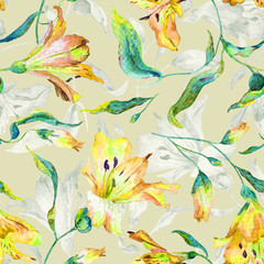 Fototapeta na wymiar Seamless pattern with yellow lilies. Watercolor flowers. Spring and summer motifs. Can be used for wrapping paper and any your design.