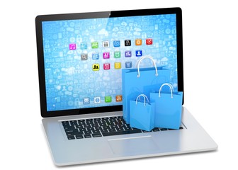 laptop and  shopping pags on white background. 3d rendering.