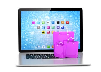 laptop and  shopping pags on white background. 3d rendering.