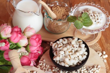 Cooked millet seeds with milk and sugar.