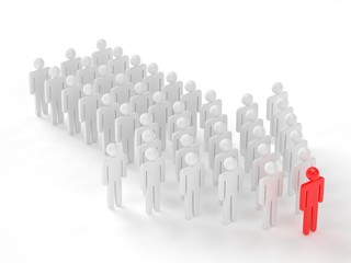 Many 3d people figure in arrow shape with the leader in front. 3d rendering.