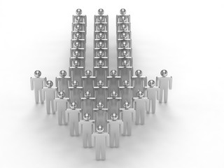 Many 3d people figure in arrow shape with the leader in front. 3d rendering.