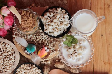 Cooked millet seeds with milk and sugar.