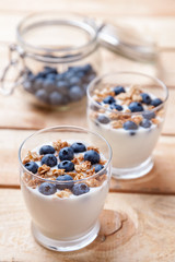 Nutritious and healthy yoghurt with blueberries and cereal