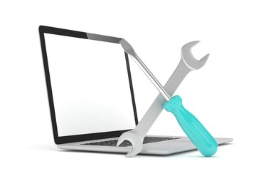 3D Illustration Wrench and screwdriver on laptop, service concept
