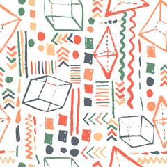 Seamless bright geometric hand drawn pattern in retro style, memphis. Can be used for fabric design, paper print and website backdrop, sportswear. EPS10 