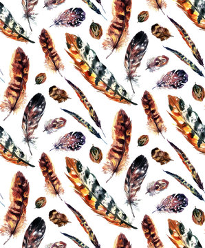 Watercolor feathers seamless pattern