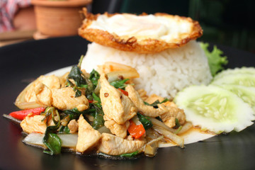 Fried pork basil and egg with rice thai food
