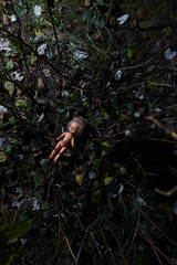 Scary doll. Child abuse. Crime scene