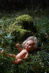 Scary doll. Child abuse. Crime scene