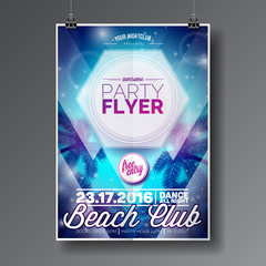 Vector Summer Beach Party Flyer Design with typographic elements on abstract palm background.