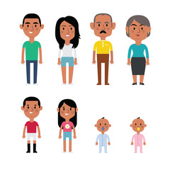Flat Vector Hispanic Family Members. Parents, Grandparents, Children and Baby