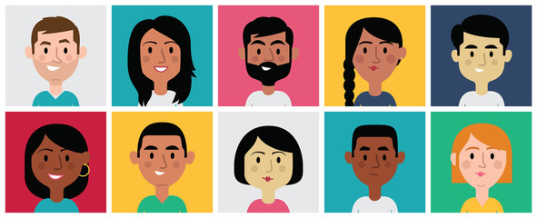Set of Diverse Avatars for Profile Pictures. Different Nationalities, Clothes and Hair Styles. Cute, Flat Cartoon Style