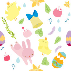 Vector seamless pattern on Easter theme. Easter background with bunny, chicks, eggs and flowers.