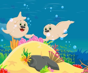 Fototapeta na wymiar cute seal cartoon with a beautiful underwater world
