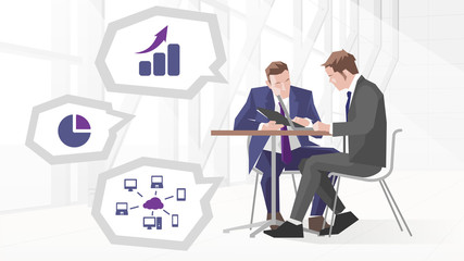 Illustration Of Two Businessmen In Meeting Using Laptop