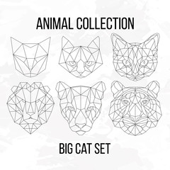 Set of geometric cat tiger lion puma head isolated on white background vintage design element illustration