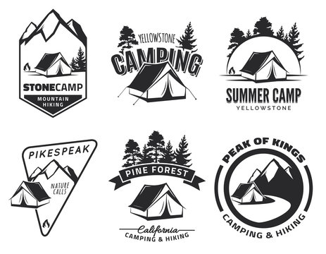 Set of vintage camping and outdoor adventure emblems, logos and