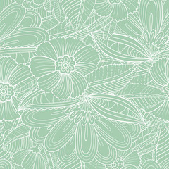 seamless pattern with decorative flowers and leaves in doodle style