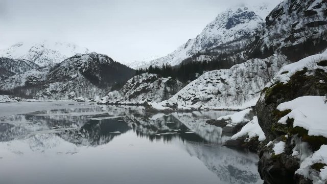 Calm lake surrounded by snow covered mountains at the Lofoten islands region in Norway during winter.