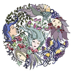 Floral round decorative element with surreal female faces,  leaves, berries, branches and flowers. Abstract template with black outlines. Vector illustration.