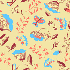 Fototapeta na wymiar floral seamless pattern with bugs and butterfly