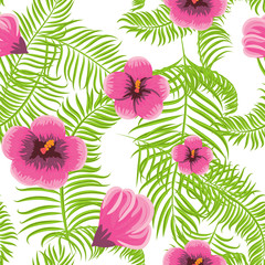 Tropical jungle palm leaves and hibiscus vector pattern background. Exotic nature pattern for fabric, wallpaper or apparel.