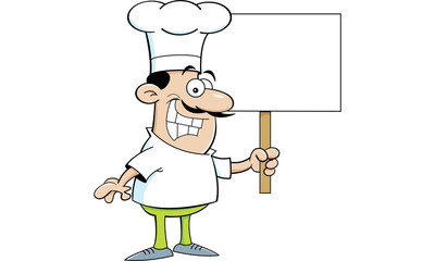 Cartoon illustration of a chef holding a sign.