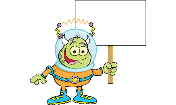 Cartoon illustration of a space alien holding a sign.