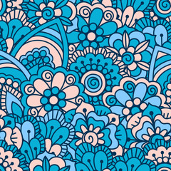 Hand drawn seamless pattern with floral elements. Colorful ethnic background. Pattern can be used for fabric, wallpaper or wrapping