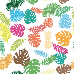 Fototapeta na wymiar Background of tropical leaves and pineapple. Vector, pattern.