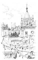 The old town. Cathedral, roofs, view from above, drying laundry, Sevastopol, Crimea. Drawing by hand