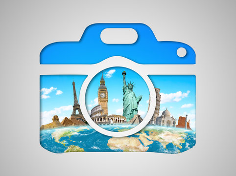 Famous monuments of the world in a camera icon