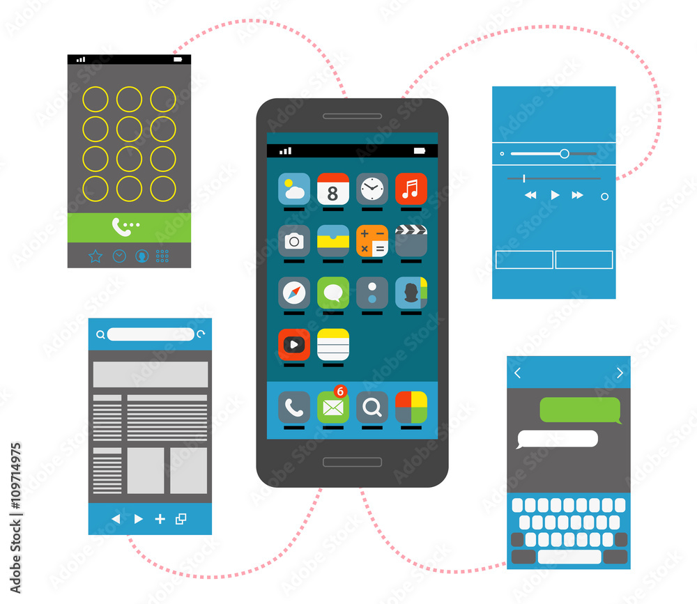 Poster modern smartphone silhouette with different interface elements