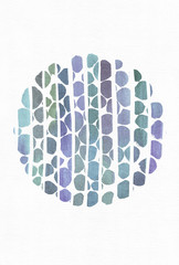 Blue and purple illustration, cool branding freehand texture based on watercolor gradient stripes and round template, made with brush smears on white paper. Large, grainy, bright, with imperfections