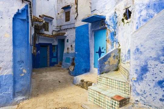 View of an alley in the town of Chefchaouen in Morocco