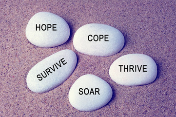 Inspirational words - hope, cope, survive, thrive and soar text on a zen stones vintage background