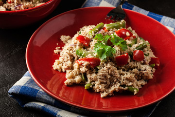 Salad couscous with tuna, bell pepper, cucumber, red onion and green beans