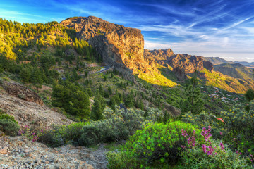 Green mountains of Gran Canaria island at sunset, Spain