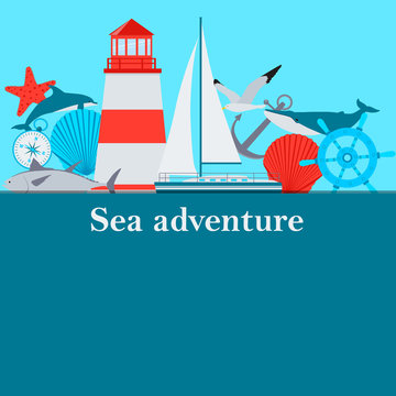 Poster sea adventure. Ship, anchor and fish. Vector illustration