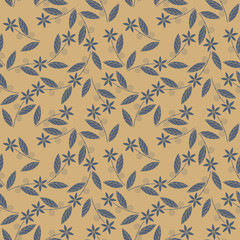 Decorative seamless pattern with blue flowers and leaves