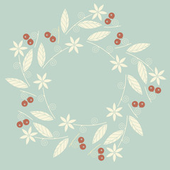 Decorative circle frame with flowers, leaves and berries
