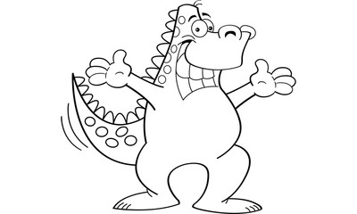 Black and white illustration of a dinosaur with both arms extended.