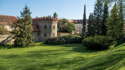 Fototapeta na wymiar Trebon Castle backyard with garden