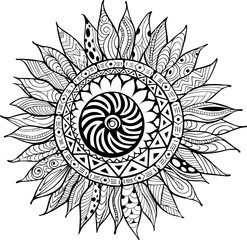 Hand drawn zentangle sunflower ornaments for antistress coloring book