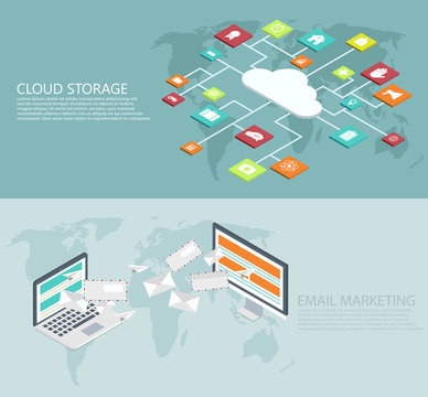 vector modern flat isometric cloud storage, email marketing backgrounds