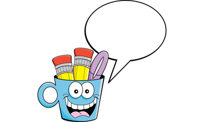 Cartoon illustration of a cup holding pencils and a pen with a caption balloon.