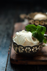 vanilla ice cream with mint leaves